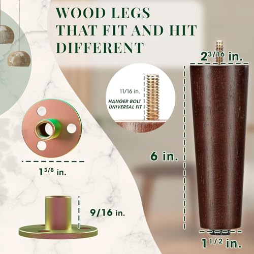 Yes4All 6-Inch Round Wooden Furniture Legs Set of 4, Adjustable Replacement Feet for Couch, Bed, Dresser, and Ottomans, Tapered Legs with Levelers, Brown Wood Components for Tables and Chairs