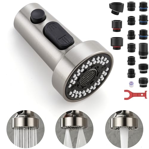 TIORIY Pull Down Spray Head Replacement - for Kitchen Faucet Sprayer Head with 15 Adapters, 3 Function Pull Out Faucet Spray Nozzle, Brushed Nickel - color: Brushed Nickel, style: Blade Spray