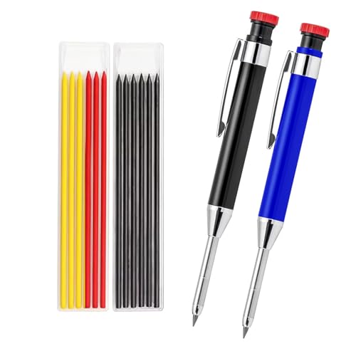 greywolf 2-Pack Carpenter Pencils, Heavy Duty Carpenter Pencils with 14 Refills, Long Tip Deep Hole Automatic Pencil Markers with Built-in Sharpener for Carpenters, Architects (Black, Red)