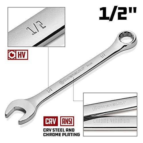 Powerbuilt 1/2-Inch Combination Wrench, SAE 12 Point Double Ended Box and Open End, Polished, 15 Degree Offset - 644144 - size: 1/2"