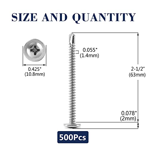 #8 x 2-1/2" Sheet Metal Screws 500PCS 410 Stainless Steel Truss Head Fast Self Tapping Screws by SG TZH - color: Silver, size: #8 x 2-1/2"