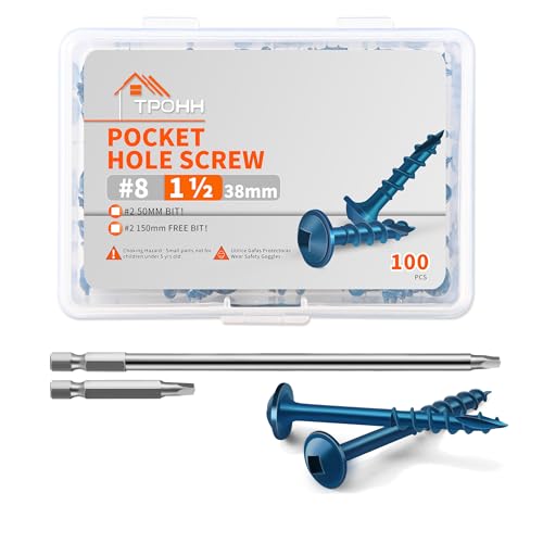 100 PCS #8 x 1-1/2" Blue Coated, Hardened Steel Pocket Hole Screws, No.8 x 1.5 Inch Square Drive Washer Head Wood Screw, 2 Inch & 6 Inch Bit Included, Partially Threaded Self Tapping by TPOHH - size: #8 X 1-1/2 inch