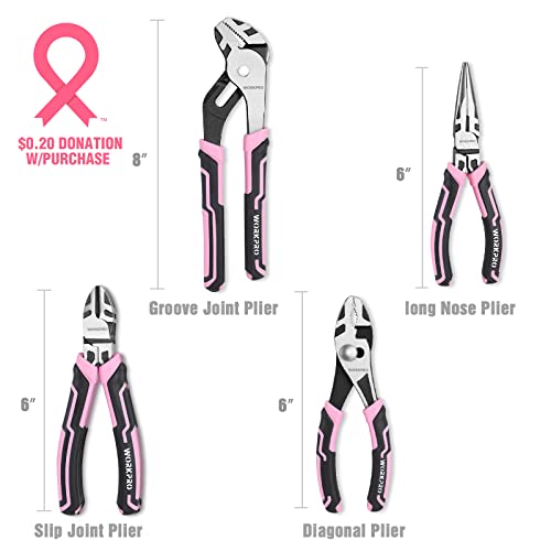 WORKPRO 4-Piece Pliers Set, Premium CR-V Construction Pliers Tool Sets | Including Long Nose, Diagonal Cutting, Groove Joint and Slip Joint Pliers - Pink - color: Pink