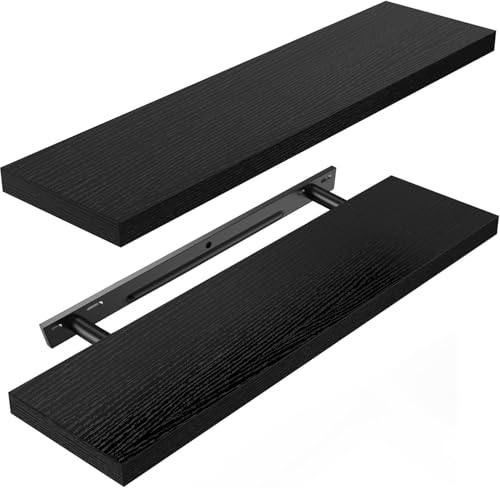 Amada 24 Inch Floating Shelves with Invisible Brackets, Set of 2, Black | Wall Shelves with Hidden Bracket, Solid MDF Wood, 22 lbs Max Load per Shelf, Easy to Assemble, Multi-Wall Compatible - color: Black, size: 24 inches