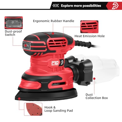 Prostormer Detail Sander, 13000RPM Mouse Sander, 1.6A Electric Palm Sanders - color: Red