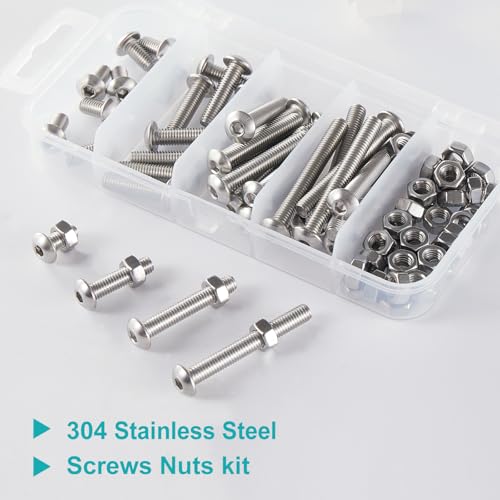 M4 x 20mm 30mm 40mm 50mm Button Head Socket Cap Screws Bolts and Nuts, Stainless Steel 304, Bright Finish, Metric Allen Hex Drive, Fully Thread, Assortment Kit 80PCS - size: Button M4x20-50mm+Nuts
