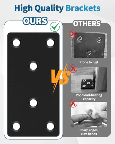 12 PCS 3.15'' x 1.57'' Stainless Straight Flat Brackets, Black Flat Metal Brace Bracket, Support Flat Metal Brace for Wood Furniture, Mending Plate Connector Joining Bracket for Fence,72 Screws - size: 3.15 x 1.57 in
