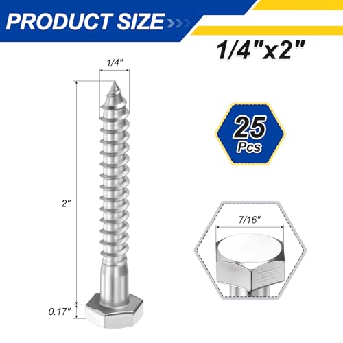 25 Pcs Hex Head Lag Screws 1/4"x2" SS 18-8 (304) Lag Bolts - color: Silver, size: 1/4"x2"