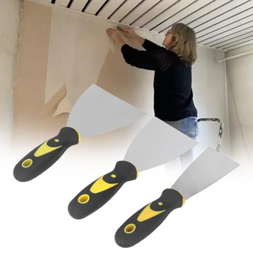 3Pcs Stainless Steel Putty Knife Set - Flexible Scraper Tools for Drywall Repair, Spackling & Wallpaper Removal, Ergonomic ABS Handle