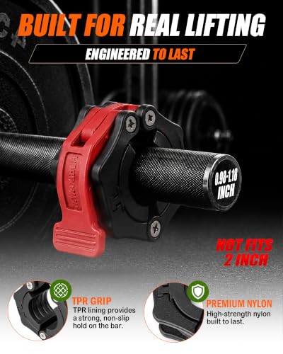 MAXRICH Ultra-Thin 1-Inch Barbell Clamps, Quick Release Weight Clips for 23–30mm Bars, Secure Barbell Collars for Home Gym - color: Black+red