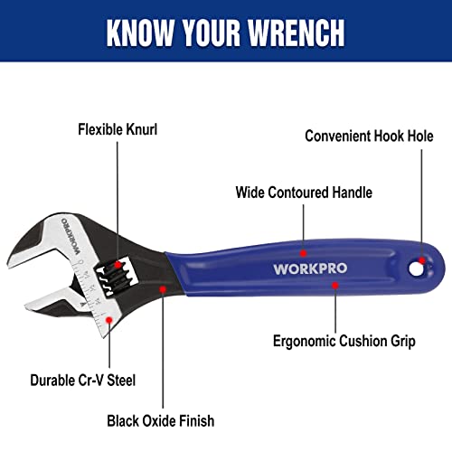 WORKPRO 8-Inch Adjustable Wrench, Cr-V Steel Wide Jaw Black Oxide Wrench - color: Blue, size: 8-Inch