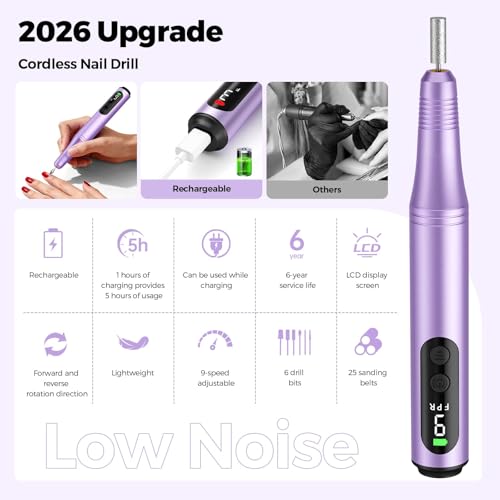 Ccigedy Cordless Electric Nail Drill File for Acrylic & Gel & Dip Powder (Purple) - color: Purple