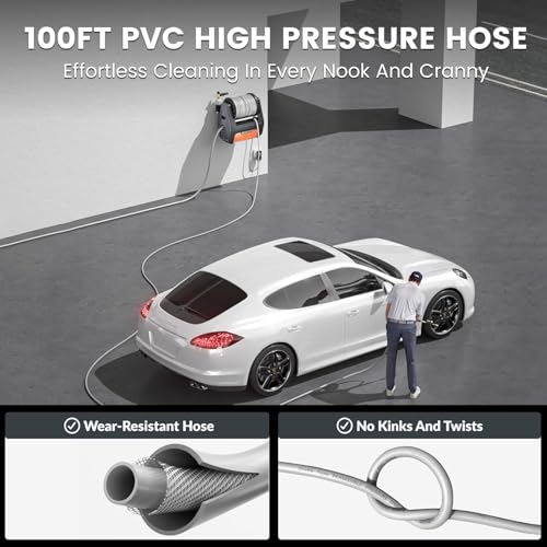Giraffe Tools Grandfalls Retractable Wall Mounted Pressure Washer Pro, 3700 PSI, 1.6 GPM Electric Power Washer, Automatic Rewind, 5ft Garden Hoses, 5 Nozzles for Cars/Fences/Patios, Dark Silver - color: Dark Silver, size: 5ft