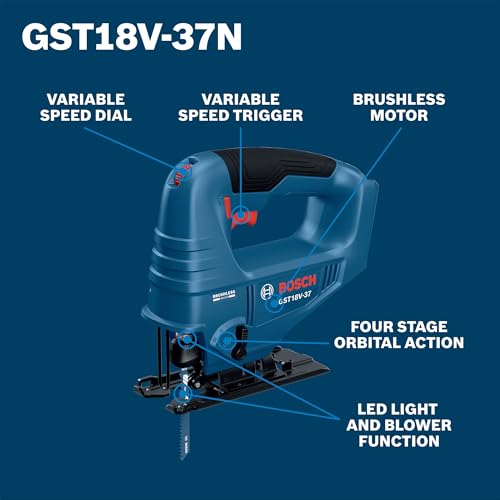 BOSCH GST18V-37N 18V Brushless Top-Handle Jig Saw - Powerful, Compact, 3.7" Cutting Depth, 3300 SPM, 4 Orbital Settings, Variable Speed Dial, LED Light, Tool-Free Blade Change (Bare Tool)