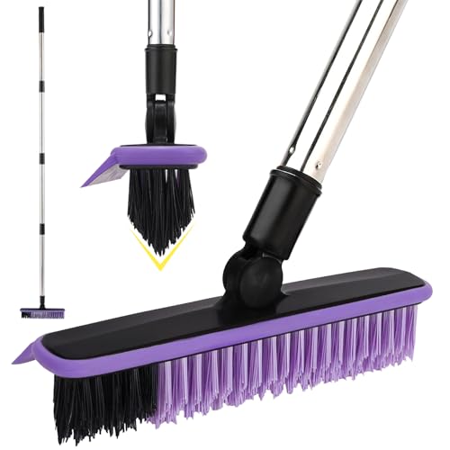 Grout Cleaner Brush with Long Handle, V-Shaped Floor Scrub Brush Swivel Grout Brush Stiff Bristle Floor Grout Scrubber for Bathroom, Tile Line, Crevice, Kitchen, Wall, Deck, Garage (Purple) - color: Purple