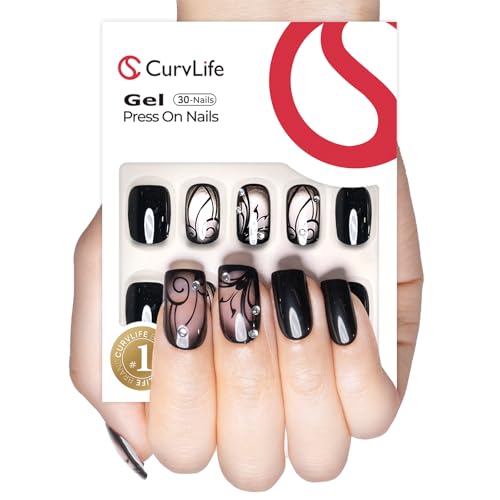 CurvLife Short Square Press On Nails, Rhinestone Swirl Black, Soft Gel - color: black
