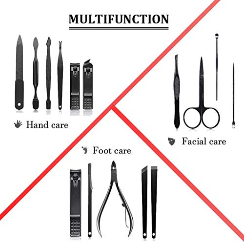 Professional Stainless Steel Nail Clipper Travel & Grooming Kit Nail Tools Manicure & Pedicure Set of 15pcs with Luxurious Case (Black/Red) - color: Black/Red