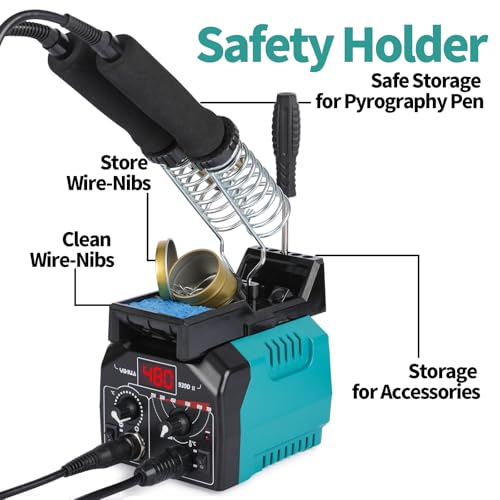 YIHUA 939D-II Pyrography Pen Wood Burning Kit Station 2-in-1 Solid-Point 200~480°C (with Temp Display)/Wire-Nib 250~750°C with 20 Nibs, Solid Points, 1 Stable Pen Holder, 2 Scrap Wood (Green) - color: Green
