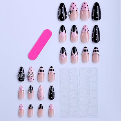Medium Almond Press On Nails Pink Black with Y2K 3D Star Polka Dots Stripe - color: Style29