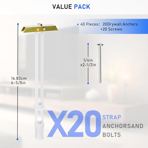 Drywall Anchor with Included Bolts for 1/4”-20, Heavy Duty Hollow Drywall Anchors for TV Mounting Kit, Strong Hollow Wall Anchors Holds up to 270lbs Each in 1/2” Drywall, 20 Packs - size: 1/4”-20: Pack of 20