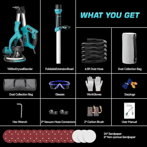 Drywall Sander with Vacuum Dust Collector, 1000W Popcorn Ceiling Removal Tool, Electric Drywall Sander with Digital Display Screen 9 Variable Speed 800-2100RPM, Foldable & Extendable Handle