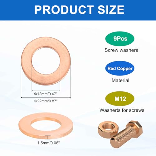 MECCANIXITY 9Pcs Flat Washer, M12 Copper Washers Copper Sealing Ring Crush Washer Kit Assortment, 12mm ID, 22mm OD, 1.5mm Thick for Bolts Screws Machinery Repair - size: 12mmx22mmx1.5mm