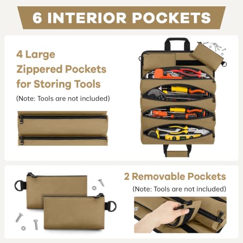 ANILD 15.5 Inch Extra Long Tool Bag Roll Up, Roll Up Tool Bag Organizer - color: Khaki, size: Large