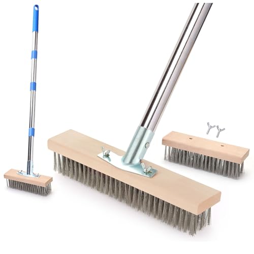 MAXMAN Wire Scrub Brush 2PCS, 63" Stainless Steel, Patio Floor Cleaning - size: With 2PCS 12-inch brush head