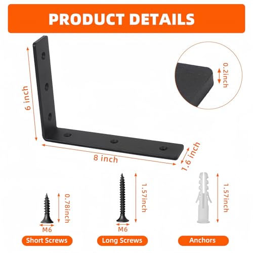 6 Pack Heavy Duty Floating Shelf Brackets, Black Metal L Wall Brackets, DIY Industrial Shelf Brackets - L 8" x H 6" x W 1.6" ( 1/5 Inch Thicked ) - size: 8"×6"