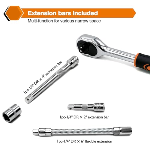 Egofine 46 Pieces 1/4 inch Drive Socket Ratchet Wrench Set, with Bit Socket Set Metric and Extension Bar for Auto Repairing and Household, with Orange Storage Case - style: 1/4" 46 PCS-Orange