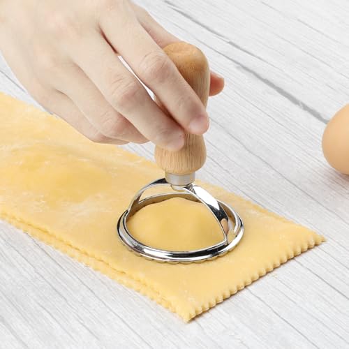 TACGEA Ravioli Stamp Maker Cutter with Roller Wheel (Set of 4), Wooden Handle and Fluted Edge, for Ravioli, Pasta, Dumplings Lasagna, Pierogi