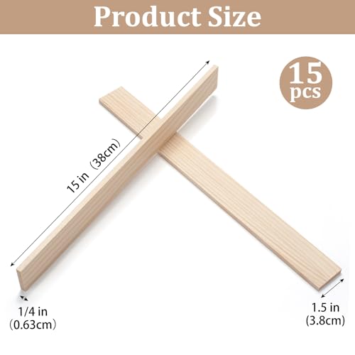 Wood Strips Slats for Wall, Wooden Sticks for Crafts 1/4" ×1.5" × 15", 15 PCS Wood Trim Planks Flat Lumber Boards Square Dowel Rods Wooden Dowels for Crafting, Woodworking, Model Making - size: 1/4x1.5x15 in - 15PCS