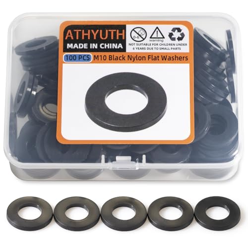 M10 Black Nylon Washers, 10mm ID, 20mm OD, 2mm Thickness, Plastic Round Washer, 100 Pieces Flat Washers Hardware Set - size: M10