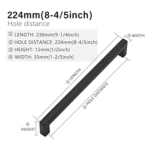 Cabinet Pulls Matte Black Cabinet Handles Square Drawer Pulls, 5 Pack 8-4/5 Inch Stainless Steel Kitchen Door Cupboard Cabinet Handles, Drawer Hardware Handles, 224mm Hole Centers - size: 8-4/5 inch Hole Centers(224mm)