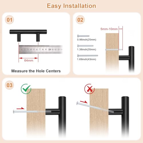 Probrico 30 Pack Holes Centers(64mm) 2.5inch Flat Black Kitchen Cabinet Pulls, Stainless Steel Dresser Drawer Handles, 4inch Length Modern T Bar Pull Handle for Bedroom - size: Center to Center: 2.5 inch