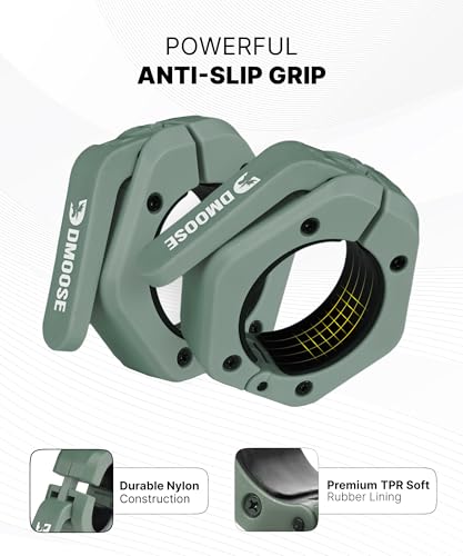 DMoose Fitness Barbell Clips 2 Inch (Pair) - Quick Release Olympic Barbell Clamps & Collars with Anti Slip TPR Grip for Secure Weightlifting and Powerlifting - Weight Clips for Bars at Home or Gym - color: Ranger Green, style: Non Magnetic