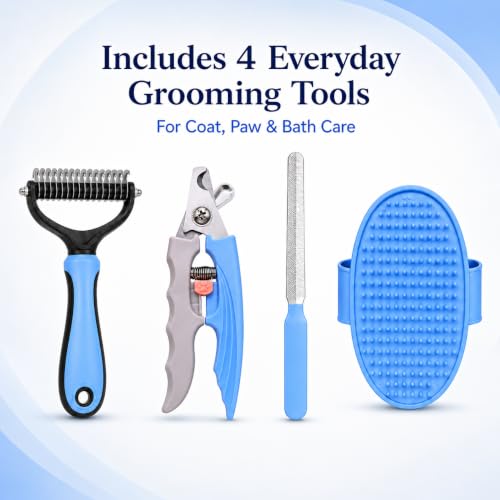 4-Piece Pet Grooming Kit with Rake, Nail Clippers and Bath Brush - color: Blue-4 CPS