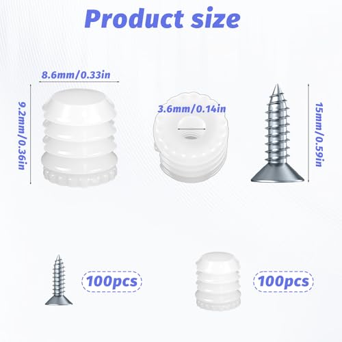 100 Pack Plastic Hinge Dowel Inserts with Screws, Plastic Dowel 8mm White Dowels Cabinet Door Hinge Dowels for Cabinet Door Drawer Bedside Table Repair Installation Replacement Bathroom Kitchen