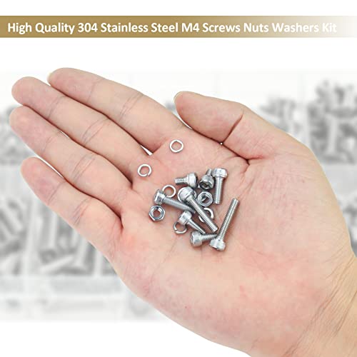 352 Pieces M4 x 6/8 /12/16 /20/25 /30mm Hex Socket Head Cap Screws Nuts Washers Assortment Kit, 304 Stainless Steel, Fully Machine Thread - size: M4, style: Socket Head