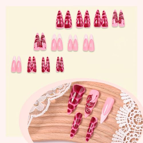 3D Pink Press on Nails Almond - Medium French Tip Fake Nails with Embossed Flower&Red Charm Designs, Glossy Finish Reusable False Nails 24Pcs Nail Kit for Women Manicure(3D Embossed design 1) - color: 3D Embossed design 1