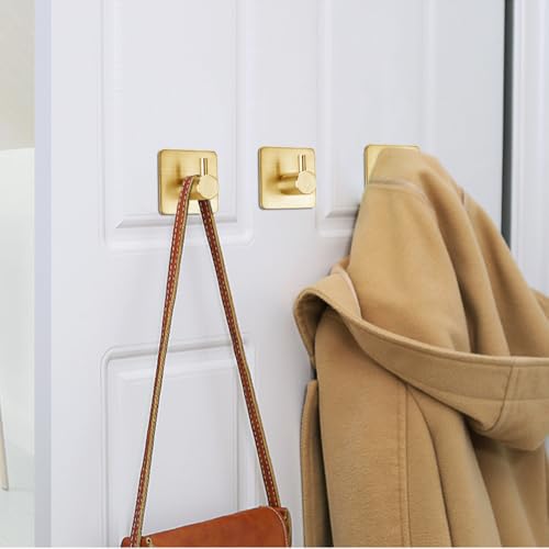 Fotosnow Gold Adhesive Hooks 15LB (Max), Non Tarnish Sticky Hooks for Hanging Towels, Coat, Backpack, Purse, Hat, Key, Self-Adhesive Towel Holder for Shower Closet Bathroom-4 Packs - color: Gold-4 Pack