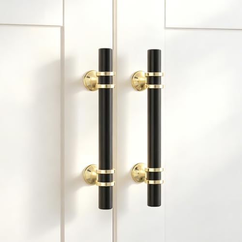 Rergy 10 Pack 3-3/4 Inch Hole Center Black and Gold Cabinet Handles - color: Black&Gold, size: 3-3/4in Hole Center(96mm)