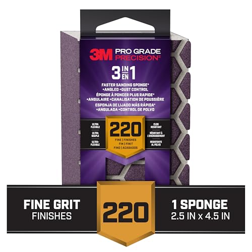 3M DCDA220-PGP-1T Pro Grade Precision 3-in-1 Angled Faster Sanding Sponge, 220-Grit Extra-Fine, 2.5" x 4.5" x 1" - size: 2.5 in x 4.5 in x 1 in - 1 Sponge, style: 220 Grit Fine