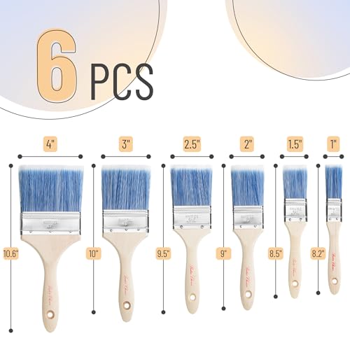 Bates- Paint Brushes, 6 Pack, 1", 1.5", 2", 2.5", 3", 4", Wooden Handle, Flat Wall Paint Brushes for Walls, Furniture - color: Wood Handle, size: 6 Pack, 1", 1.5", 2", 2.5", 3", 4"