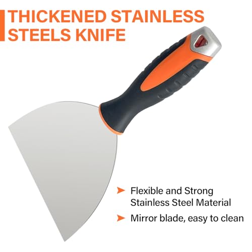 Drywall Hand Tool Kit, 5Pcs Stainless Steel Putty Knife Scrapers Taping Knife with Mud Pan for Drywall Repairing, Paint Scraping and Wallpaper Removing (6pcs-O) - color: 6pcs-o