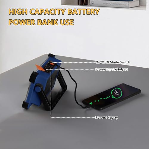 120W Solar Rechargeable Work Light, 144 LED Portable Flood Light with Stand, IP66 Waterproof 4 Modes LED Job Site Lighting Flashlights for Mechanic Camping Fishing Car Repair - color: Blue