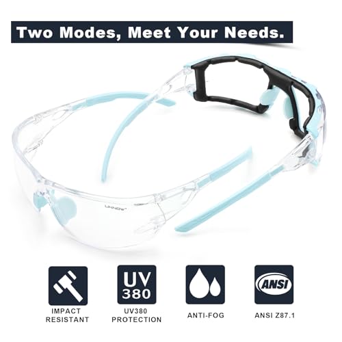UKNOW Safety Glasses - Anti Fog Wraparound Lenses - Removable Foam Gasket - ANSI Z87.1 Protective Eyewear - Impact Resistant - color: Celeste