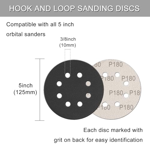100Pcs 5 Inch Sanding Discs Hook & Loop 8-Hole Wet Dry Sandpaper Assortment - style: 100Pcs 180-3000 Grit (Mixed)