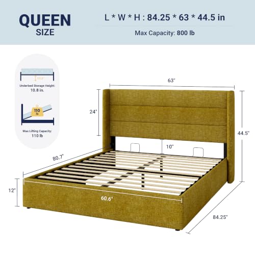 Allewie Queen Size Lift Up Hydraulic Storage Bed Frame Olive Yellow - color: Olive Yellow, size: Queen, style: Modern