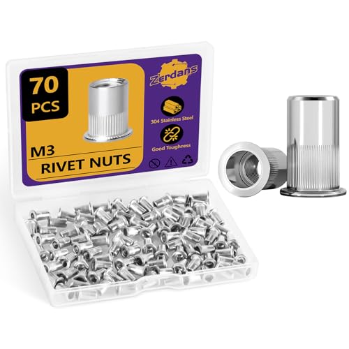 70Pcs M3-0.5mm Rivet Nut Set Flat Head 304 Stainless Steel | High Ductility, For Auto, Furniture & Industrial Use, Storage Case Included. - size: 70Pcs-M3